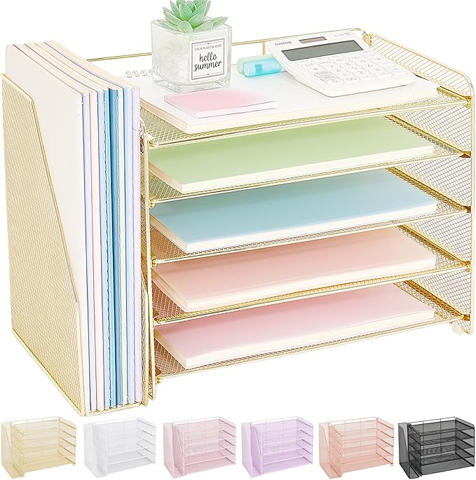 OPNICE 5-Tier Paper Organizer with Magazine Holder, Desk Organizers and Accessories, Office Desk Accessories & Workspace Organizers, Desktop File Organizer for Office Supplies Storage, Gold