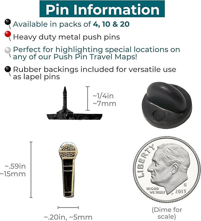 Microphone Push Pins - Microphone Map Pins for Cork Boards, Maps, or Lapel Use - Designed in USA - Set of 4