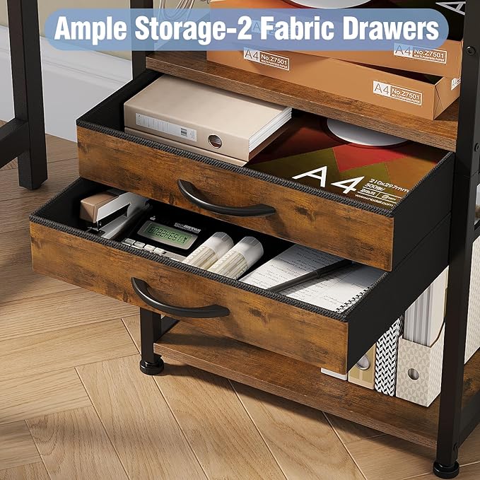 Large Printer Stand with Storage Fabric Drawer Under Desk Printer Table with Wheels for Home Office, Printer Cart fit Fax Machine Scanner (Rustic Brown, 3 Tiers)