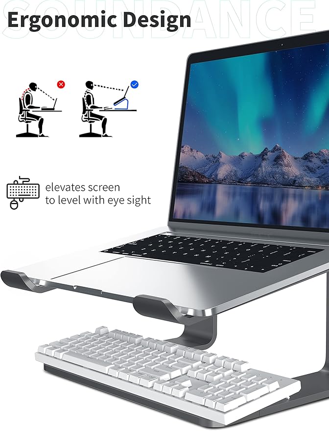 SOUNDANCE Laptop Stand, Aluminum Computer Riser, Ergonomic Laptops Elevator for Desk, Metal Holder Compatible with 10 to 15.6 Inches Notebook Computer, Grey