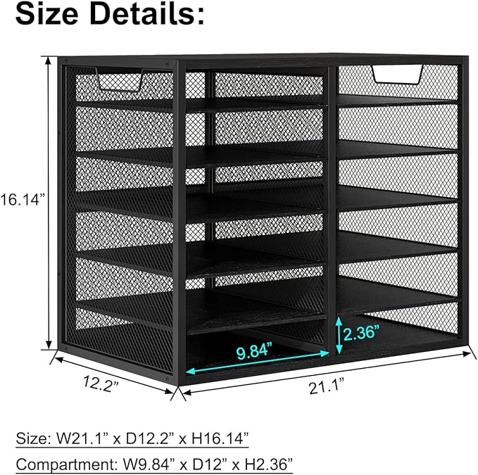 PAG Desktop Mail Sorter Industrial Countertop Heavy Duty Literature Organizer Bill Paper Holder Rack Student Mailbox for Classroom 12 Compartments Filing Cabinet for Office Home School, Black