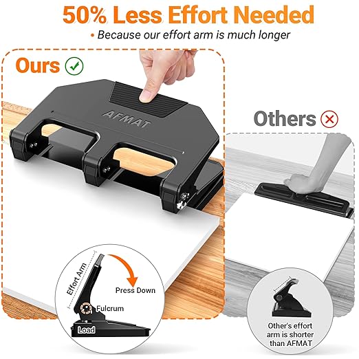 AFMAT 3 Hole Punch Heavy Duty, 9/32" Hole Diameter, 40-Sheet 3 Hole Puncher for Binder, 50% Reduced Effort, Metal Three Hole Punch w/ 10,000+ Uses, Bulit-in S.S. Paper Guide, Large Chip Tray, HPX3