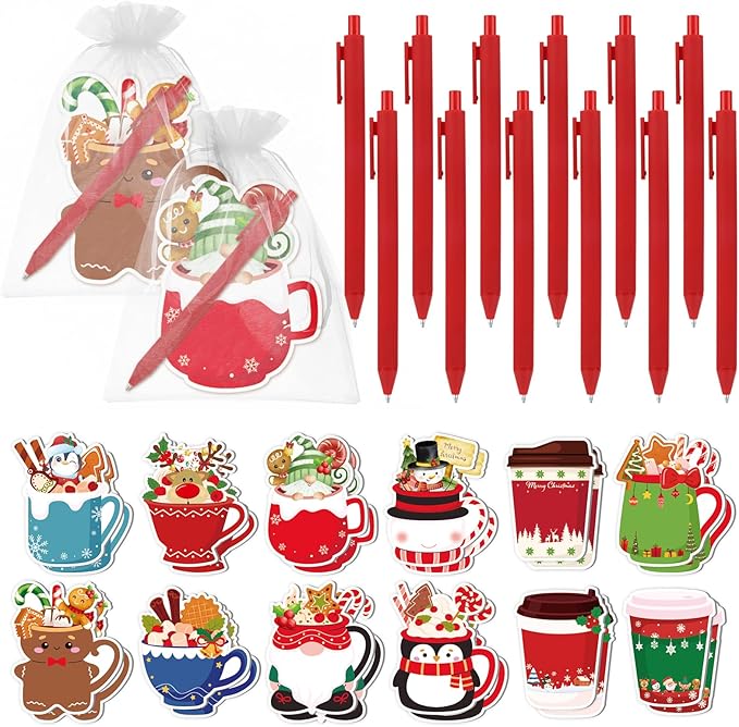 24 Sets Christmas Sticky Notes with Pens, Christmas Coffee Cup Notepads Winter Memo Pad Bulk Christmas Gifts for Coworkers Holiday Decoration Party Favors Office Home Supplies