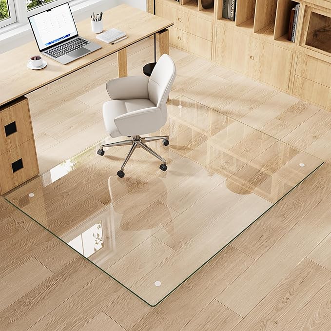 Tempered Glass Chair Mat for Carpet & Hard Floor, 46"x55" Office Chair Mat - Heavy Duty & Scratch Resistant, Non-Slip Pads, Rounded Corners & Polished Edges