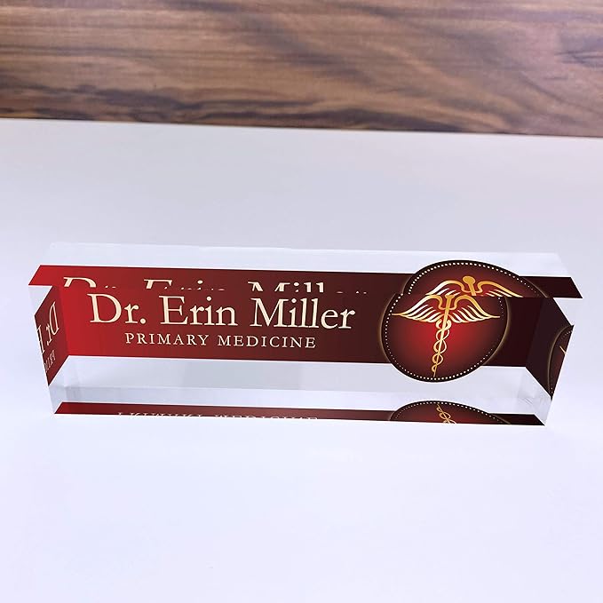 Artblox Office Desk Name Plate Personalized | Custom Name Plates For Desks | Medic Design On Clear Acrylic Glass | Cute Office Desk Accessories Customized Gifts - (8" x 2.5")