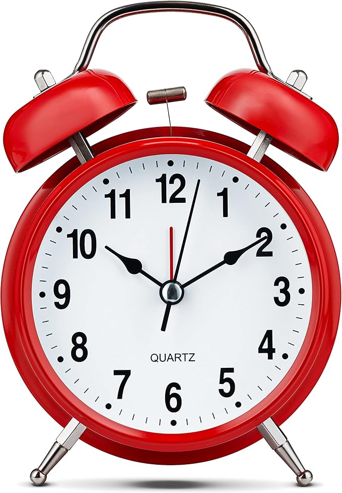 Bernhard Products Analog Alarm Clock 4" Twin Bell Vintage Red Silent Non-Ticking Quartz Battery Operated Extra Loud with Backlight for Bedside Table Desk, Retro Clocks Old Fashioned for Heavy Sleepers