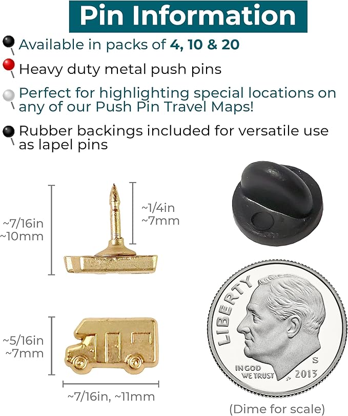 Motorhome Push Pins - Gold RV Pins - for Cork Board, Maps, or Lapel Pin Use - Designed in USA - Set of 20