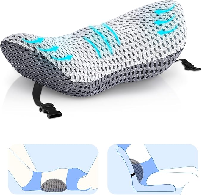 Lumbar Support Pillow with Bandage, Memory Foam pad for Relieving Lower Back Pain, and Back Support pad for Easy Fixation on Office Chair, car, Bed and Other Articles Back Pillow Gray