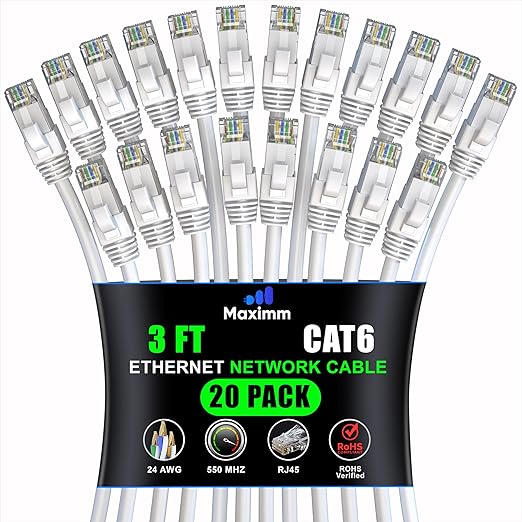 Maximm Cat 6 Ethernet Cable 3 ft (20-Pack) - High-Speed LAN Cable, Internet Cable, Patch Cable, and Network Cable - UTP, 10Gbps, 550MHz Ethernet Cord - White