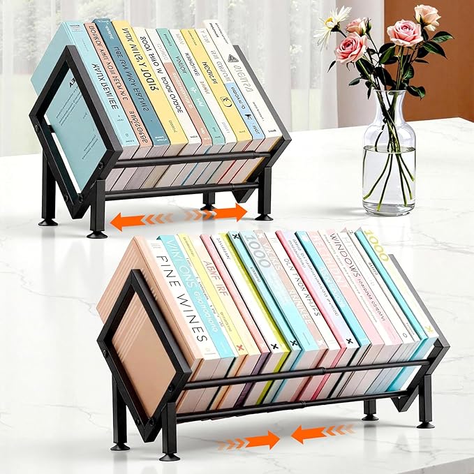 Adjustable Desktop Bookshelf Organizer, Set of 2 Tilting Tabletop Bookshelf in Office Home/Bedroom, Vinyl Record Storage Holder Book Rack for Magazine/CDs/Books/Vinyls Display