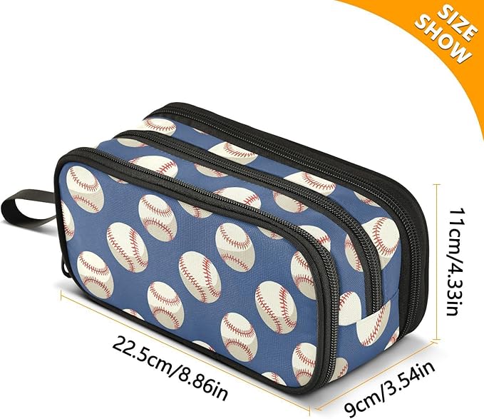 Baseballs Ball Blue Pencil Case Box Boys Girls Large Pencil Pouch with Zipper Compartments Big Capacity Stationery Pen Bag Organizer for Kids Teens Adults School