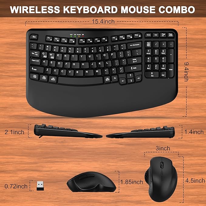 Wireless Keyboard and Mouse Combo, 2.4G Wave Keys Ergonomic Keyboard with Wrist Rest and 3 Level DPI Advanced Wireless Ergonomic Mouse, Natural Typing for Windows, Mac OS Desktop