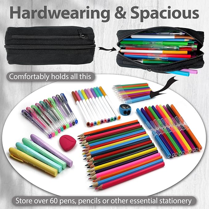 Fashion Stationery Pencil Case Black Large Capacity Pencil Pouch for Organisation Aesthetic Bag with Zipper Pen Case Organizer for Adults and Men