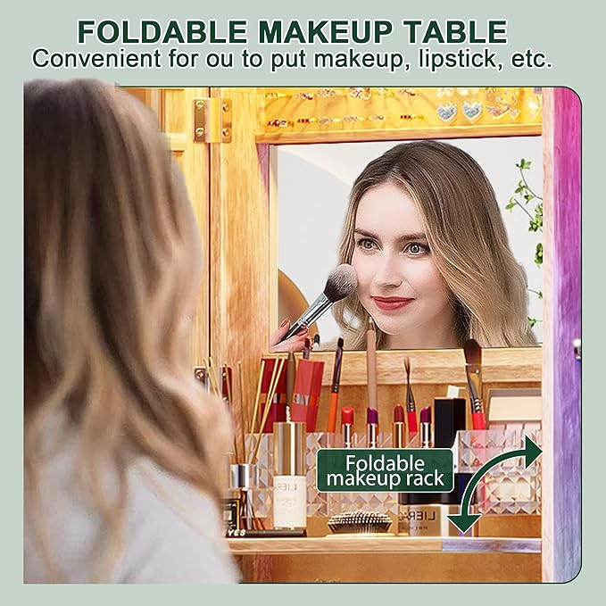 HNEBC LED Mirror Jewelry Cabinet with RGB Lights,47.2" Wall Mounted Jewelry Organizer with Full-Length Mirror,Over The Door Hanging Jewelry Armoire Storage Cabinet,Folding Dresser,2 Drawers,Lockable
