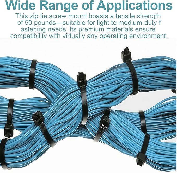 Plastic Cable Ties with Screw Holes, 7.5-inch 50lb Load Capacity Mounting Head, Black Mounting Cable Ties (200-Pack)