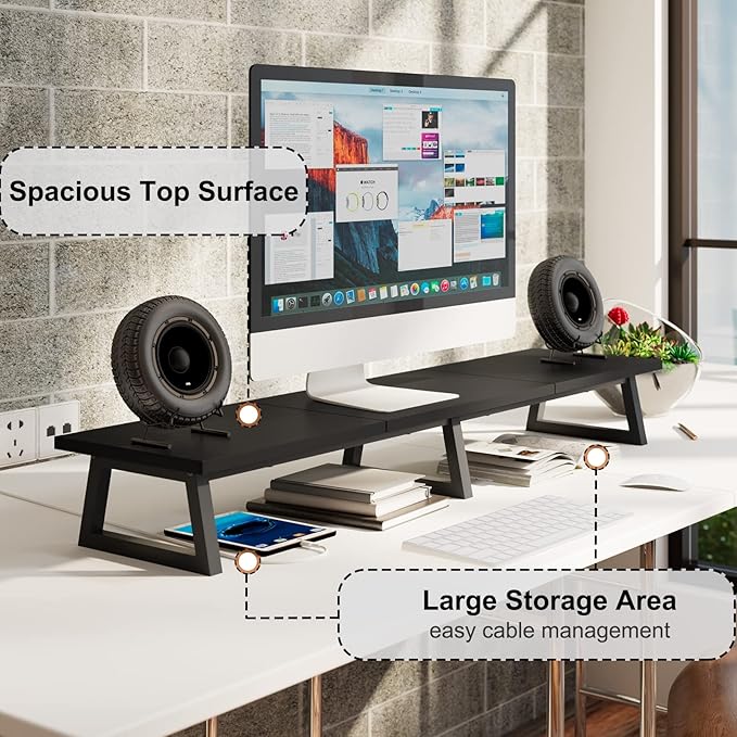 TEAMIX Black 42 inch Dual Monitor Riser,Wood and Steel Long Monitor Stand for 2 Monitors with Storage Large TV Riser Computer Laptop Stand for Desk Office Organization