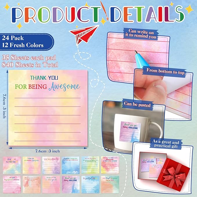 Yinder 24 Pcs Employee Appreciation Sticky Notes New Year Gift Bulk Motivation Sticky Note Pads Inspirational Gift for Teacher Nurse Staff Coworker Office Supply 3 x 3'' (Appreciation,Watercolor)