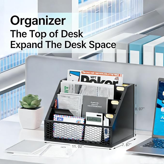 Mail Organizer Countertop,Wooden Mail Holder,4 Slot Letter Holder for Desktop,Vintage Desk Orgaizer for Fill,Bill (Black)