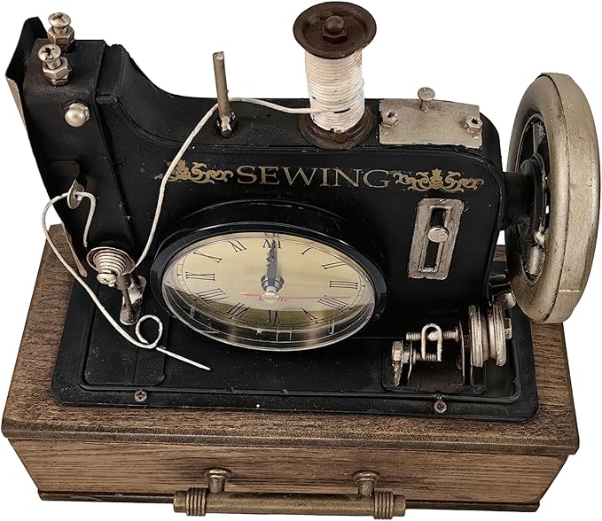 YCHTEWY-Retro Sewing Machine Style Desk Clock with Wooden Case - Manual Sewing Machine Vintage for Home Decor