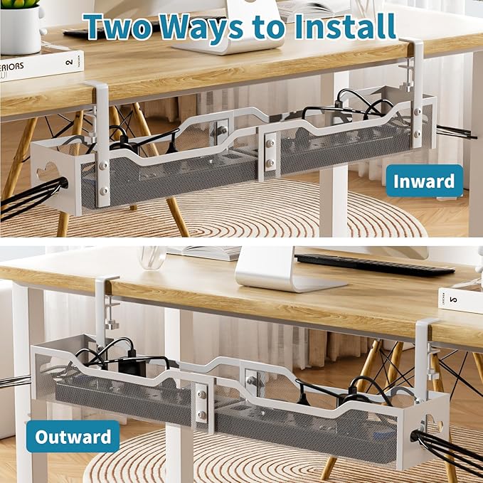 Under Desk Cable Management Tray White, Litwaro Cable Management Under Desk No Drill, 25'' Cable Tray with Clamp for Wire Management, Cord Organizer for Office, Home - No Damage to Table