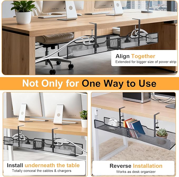 30'' Under Desk Cable Management - No Drill Installation Cable Management Tray, Modern Cord Organizer for Office/Home Desk, Fits Power Strips & Wires(Black, XXL)