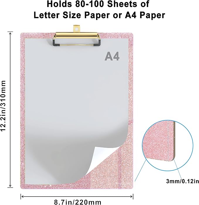 Glitter Acrylic Clipboard Decorative Standard A4 Letter Size 12.2" x 8.7", Fashion Bling Clip Boards with Designed Low Profile Gold Clip for Classroom Office - Rose Gold