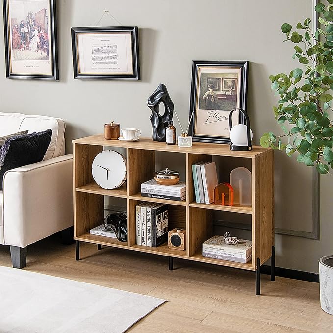 Giantex 6 Cube Bookcase, 3-Tier 47" Long Wood Bookshelf w/ 5 Metal Legs, Adjustable Shelf, Anti-toppling Device, 31.5" Tall Floor Open Shelf Bookcase, Freestanding Wooden Cube Storage Shelves
