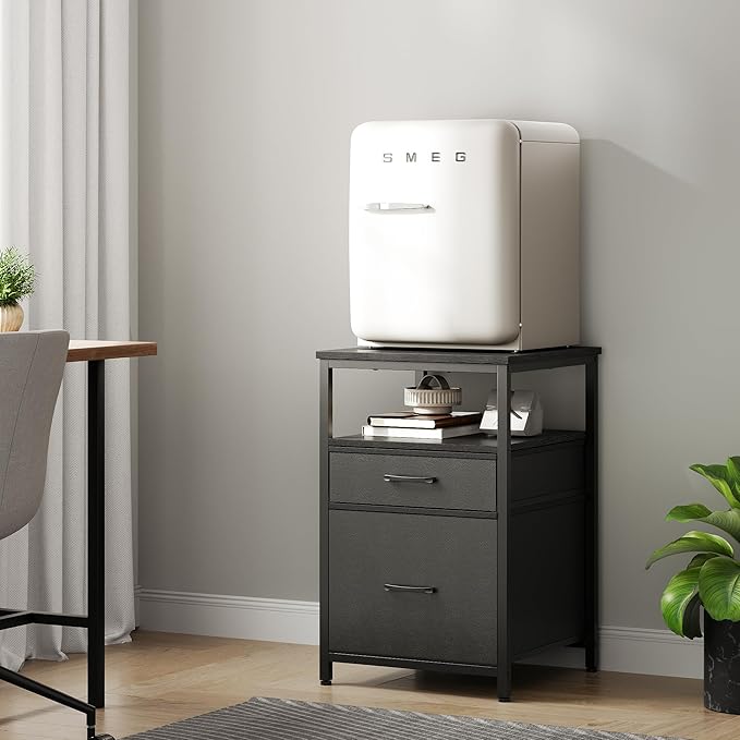 Mini Fridge Stand with 3 Storage, Mini Fridge Cabinet, Beverage Fridge Table, Heavy Duty 18.11" L* 18.11" W Tabletop, for Dorm, Apartment,Office, Bedroom White HB03BXB
