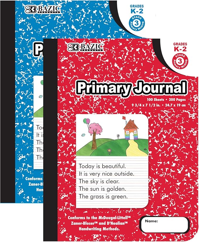 BAZIC PRODUCTS Primary Journal Composition Book Marble, Primary Journal, Writing Journal, Notebooks for Kids, Drawing & Writing Notebook for Kindergarten School Use, Grades K-2, 100 Sheets, 1-Pack