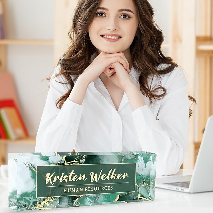 Personalized Office Name Plate, Custom Name Plate for Desks, Office Desk Decorations Gift for Women Men, Acrylic Desk Name Plate for Teacher Coworkers Staff Boss (Green Marble)