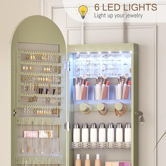 LVSOMT Wall Mounted Jewelry Organizer Lockable, Door Hanging Arched Mirror with Lights and Jewelry Storage, 6 LEDs Jewelry Cabinet (Laurel Green)