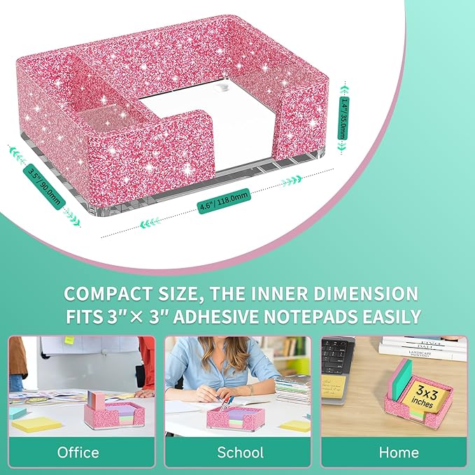 Sticky Note Holder with Pen Slot, Glitter Pink Acrylic Notepad Holder 3x3 in Self-Stick Note Dispenser Office Desk Accessories, Memo Pad Holder Organizer for Classroom School Supplies