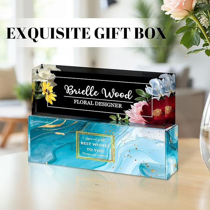 Personalized Name Plate for Desk, Custom Acrylic Desk Name Sign, Office Appreciation Gifts for Women Men Coworkers Boss Teacher Employee (Flower)