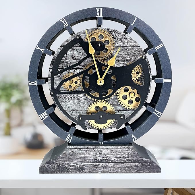ImprovingLife The Gears Clock Desk Clock 10 inches with Real Moving Gears Convertible into Wall Clock (Carbon Grey)