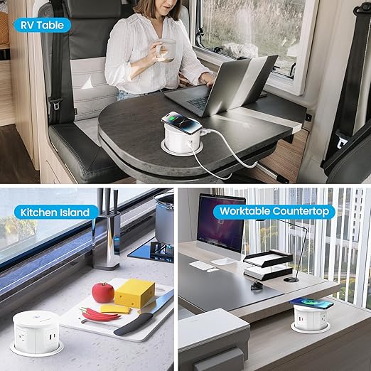 Pop Up Outlet with 15W Wireless Charger, 4 AC Outlets & PD 20W USB Fast Charging, 4.75 inch Desk Hole Power Grommet Connect 6FT Cord for Office, Conference, Kitchen Use(ETL & FCC Listed)