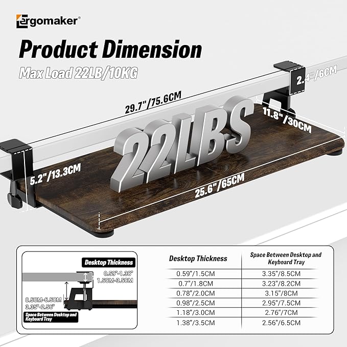 ERGOMAKER Keyboard Tray Under Desk, Pull Out Keyboard Tray with C Clamp Mount, 25.6" (29.7" Including Clamps) x 11.8" Slide-Out Platform Computer Drawer for Typing, Keyboard & Mouse Tray, Rustic Brown