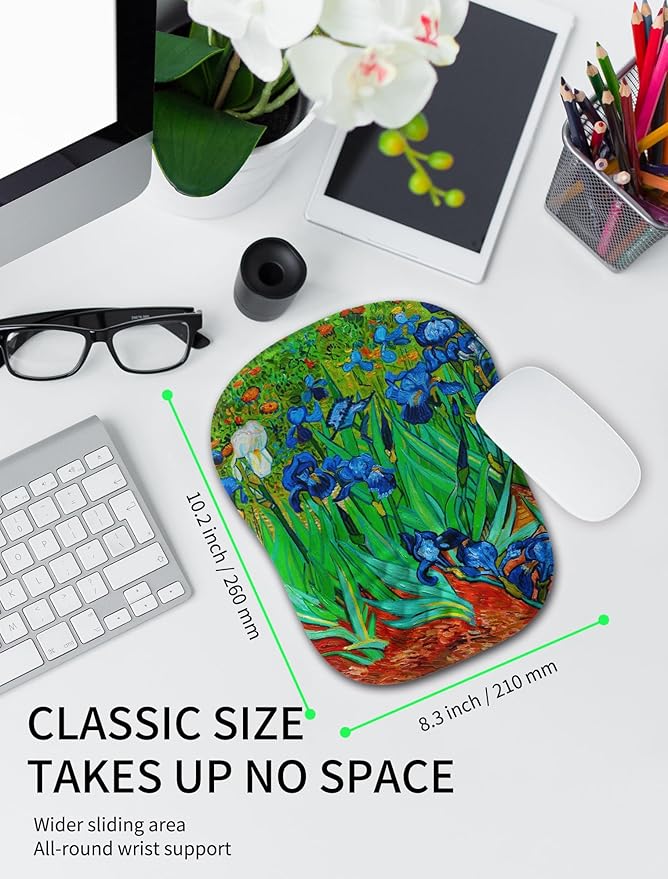 Hokafenle Ergonomic Wrist-Hugging Mouse Pad Wrist Support, U-Shaped Holding Wrist Rest Mousepad for Carpal Tunnel Pain Relief with Cushioned Memory Foam Slope Massage Bulge (10.2x8.3 in,Iris Flower)