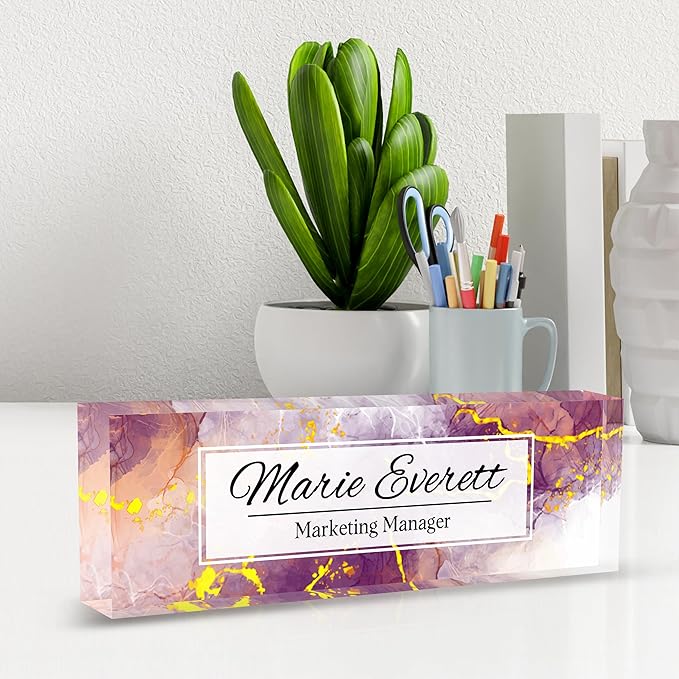 Personalized Name Plate for Desk Custom Acrylic Desk Name Plate Custom Employee Appreciation Gifts Office Gifts for Women, Men, Boss, Coworkers, Teacher, Nurse (Purple Marble)