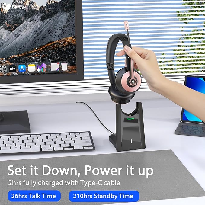 Earbay Wireless Headset - Bluetooth Headphones with Microphone Noise Canceling & Mute, Bluetooth Headset with USB Dongle/Charge Dock for PC Computer Cell Phone Work Office Meetings Call Teams