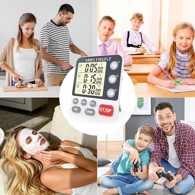 Digital Dual Kitchen Timer, 3 Channels Countdown Triple Timer for Cooking, Magnetic Memory-Preset Large Display Adjustable Alarm Volume, Multi Times Management, 3A Battery Included, White