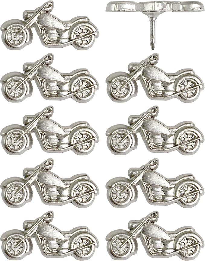 Motorcycle Push Pins - Silver Metal Motorcycle Pins - for Cork Board, Maps, or Lapel Pin Use - Designed in USA - Set of 10