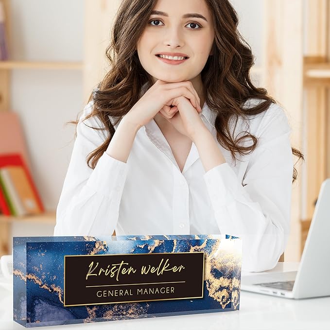 Personalized Office Name Plate, Custom Name Plate for Desks, Office Desk Decorations Gift for Women Men, Acrylic Desk Name Plate for Teacher Coworkers Staff Boss (Blue Marble)