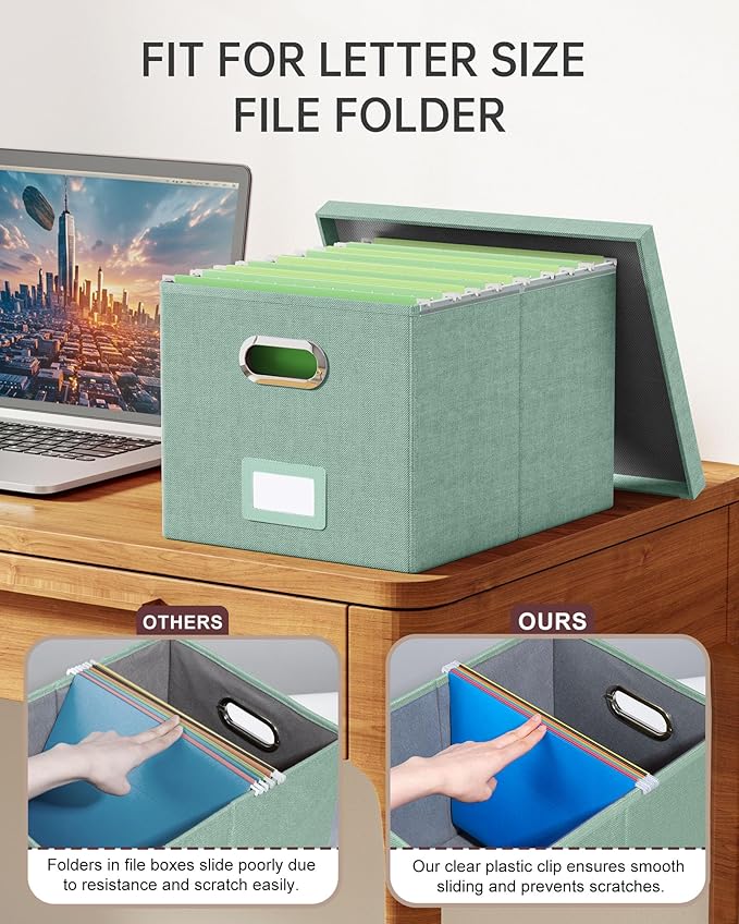 2 Pack File Storage Organizer, Filing Box, Portable File Box with Lid, Fit for Letter/Legal File Folder Storage, Document Organizer, Green