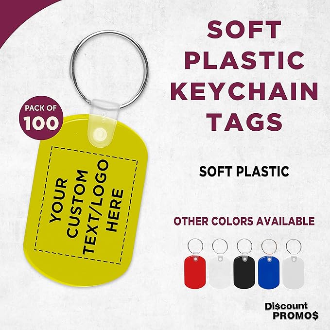 DISCOUNT PROMOS Tag Soft Plastic Keychains - 100 pack - Customizable Text, Logo - Small Key Tag Chain For Staying Organized - Rubber Key Ring Keychain – Yellow