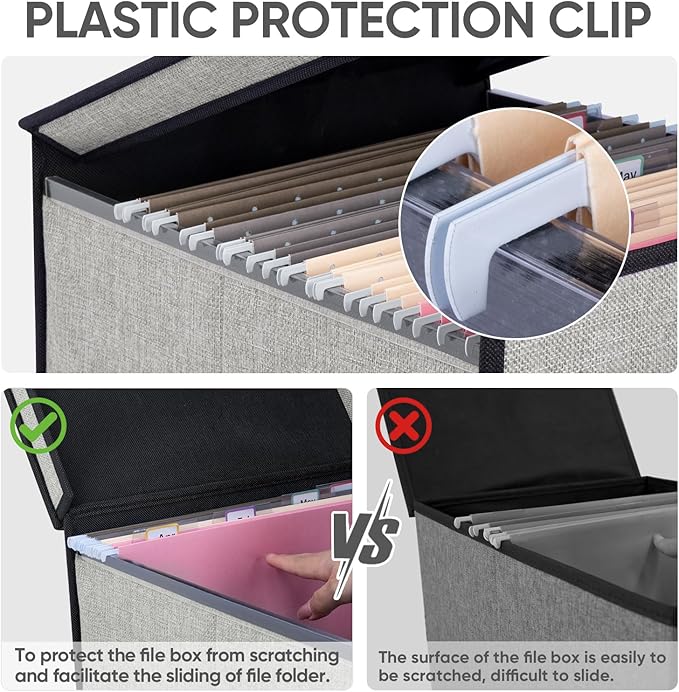 BALEINE File Organizer Box with Lid, Collapsible File Folder Organizer with Plastic Slide, Hanging File Folder Box for Office Document Storage (Tab Friendly, 1 Pack, Beige)