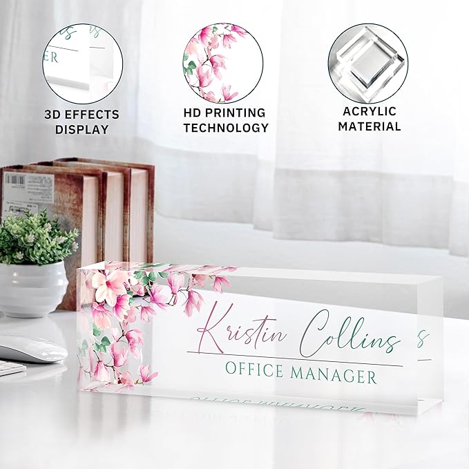 Custom Name Plate for Desk, Personalized Desk Name Plate on Clear Acrylic Glass, Appreciation Gifts for Teacher Employee Boss Coworkers Nurse, Office Desk Accessories for Women Men (Peach)