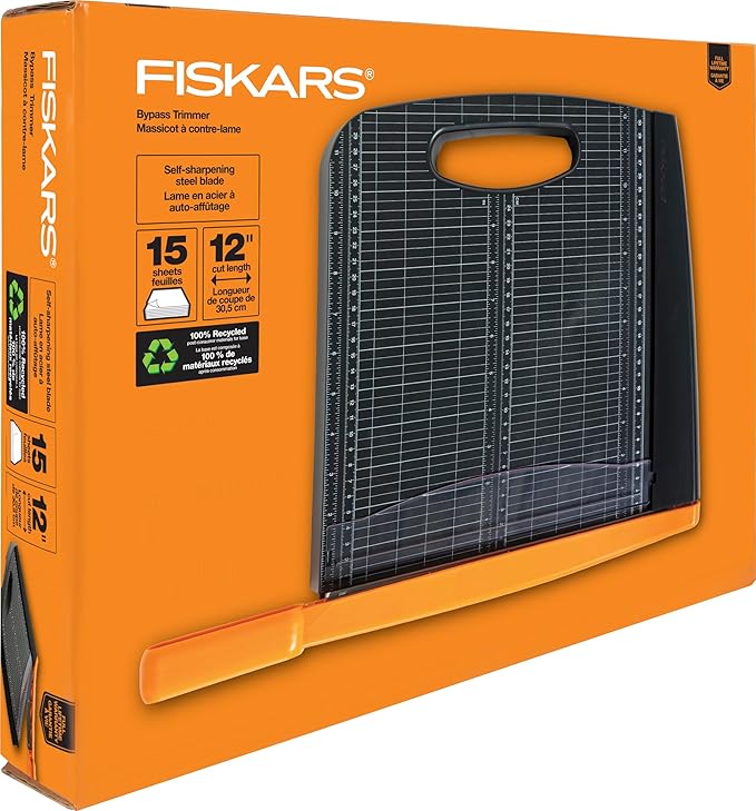 Fiskars Recycled Bypass Paper Trimmer - 12" Cut Length - Guillotine Paper Cutter with Self-Sharpening Blade - Black