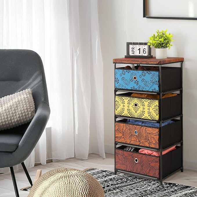 HAITRAL 4 Drawers Clothes Storage Organizer,Small Fabric Storage Chest with Drawers Unit,Easy Assembly Chest of Drawers and Fabric Dresser for Bedroom,Dorm,Hallway, Storage Bins,Multicolour
