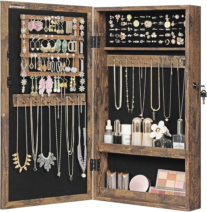 SONGMICS Lockable Jewelry Cabinet Armoire with Mirror, Wall-Mounted Space Saving Jewelry Storage Organizer, Rustic Brown UJJC051K01
