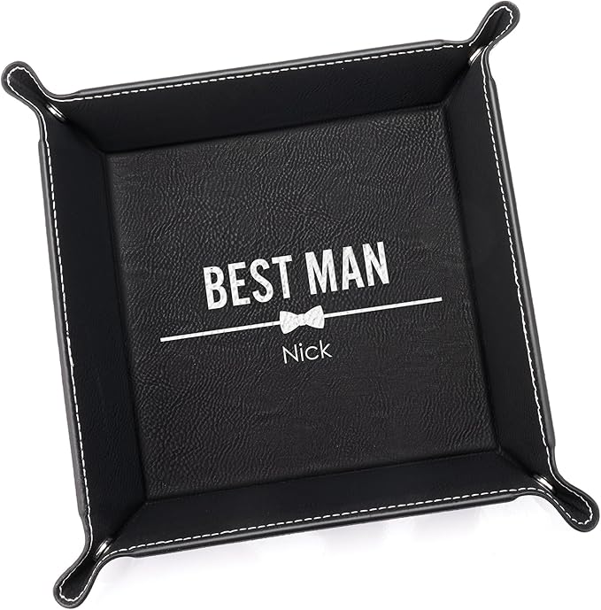Lifetime Creations Personalized Groomsman Valet Tray - Custom Gifts for Groomsmen Proposal, Vegan Leather Catchall Wedding Gifts (Black, Bow Tie Design)